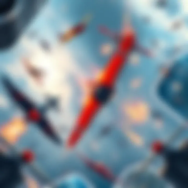 A collage of various flying game scenes featuring planes engaging in dogfights and aerial maneuvers.