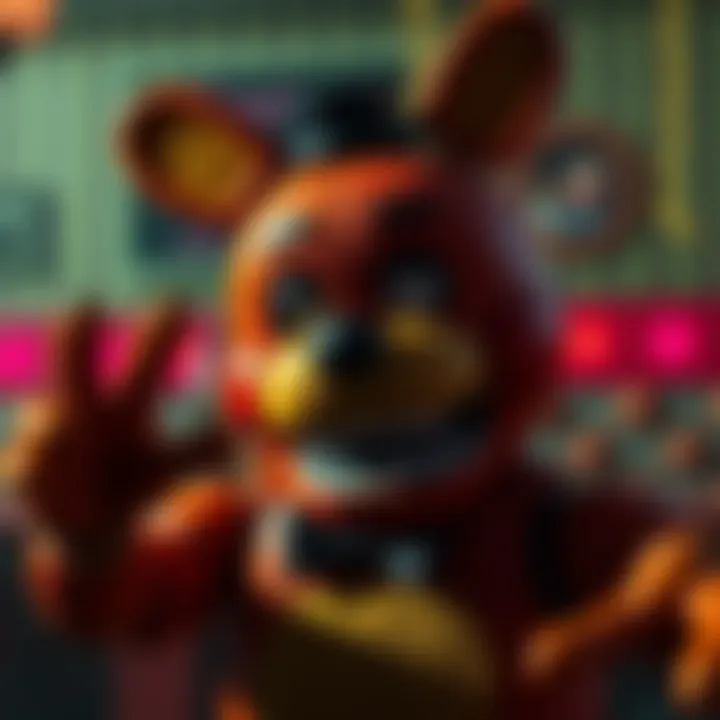 A scene from Five Nights at Freddy's showing a character suddenly appearing to scare the player