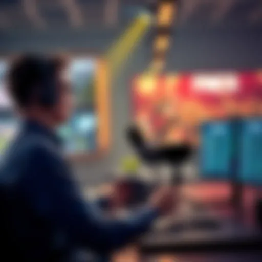 A FNCS caster speaking into a microphone with a gaming setup in the background