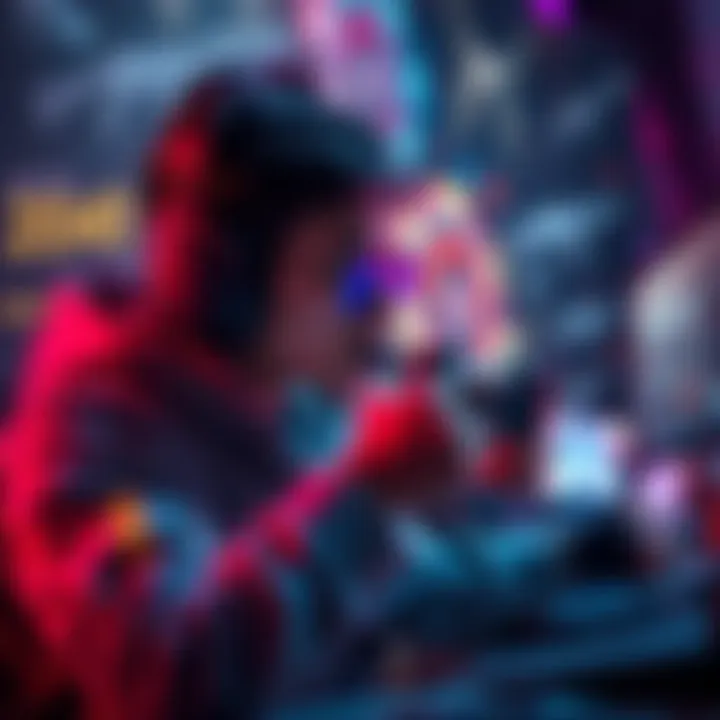 A gamer activates focus mode while playing, surrounded by visuals of gameplay mechanics and weapon types.