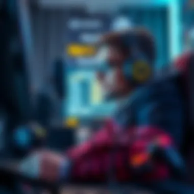 A person intently playing a video game, surrounded by gaming gear and a focused expression, symbolizing concentration in gaming.