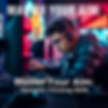 Gamer concentrating on a computer screen, practicing dynamic clicking techniques to improve aim, with a mouse in hand and gaming setup in the background.