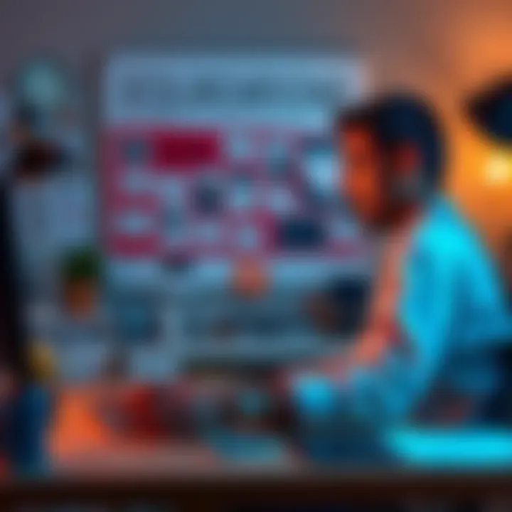 A person sitting at a desk, fully concentrating on their laptop, with a clear workspace and a goal-oriented vision board in the background.