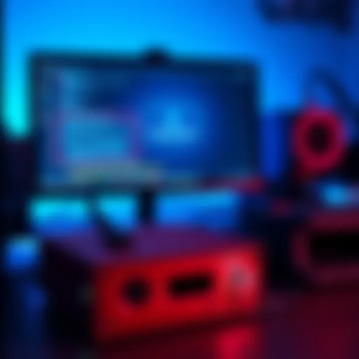 A Focusrite Scarlett USB audio interface connected to a computer, showing a gaming setup with a blue screen error on the monitor.