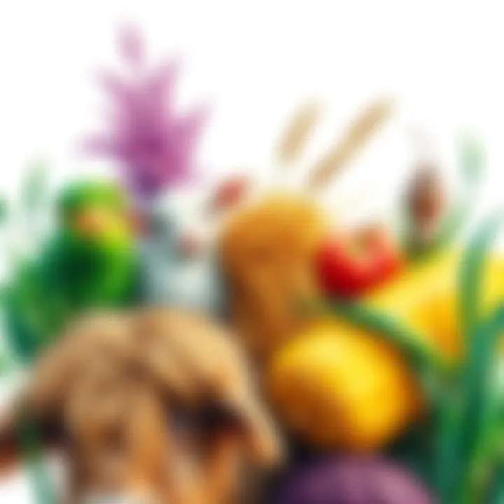 A colorful array of various fodder types, including grass, hay, and silage, depicted in artistic drawings