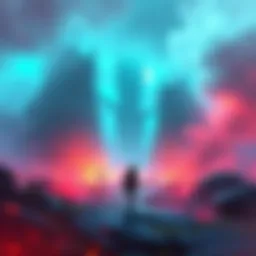 Fog Wall in Gaming A vibrant and dynamic depiction of a fog wall in a fantasy game scene, showcasing mystical effects and game characters approaching it.