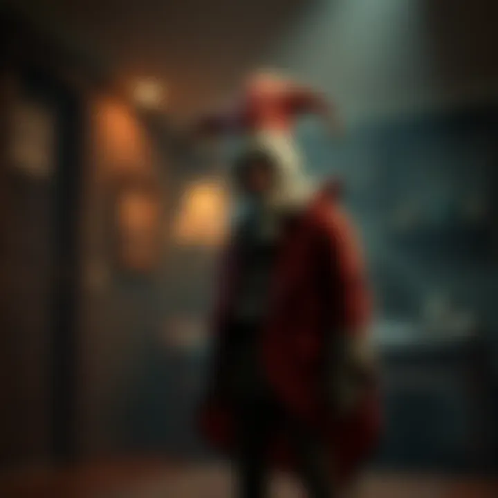 Follie the Fool stands in a dimly lit room, expressing a mix of sadness and mischief, representing the debate about his true nature.