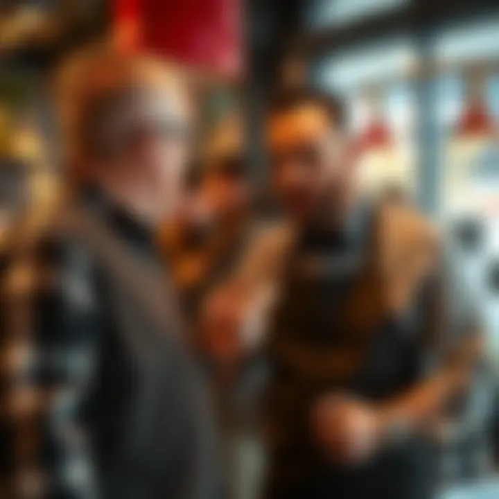 Food critic being confronted by restaurant owner A food critic speaks with an upset restaurant owner after a negative review, showcasing the tension between them.