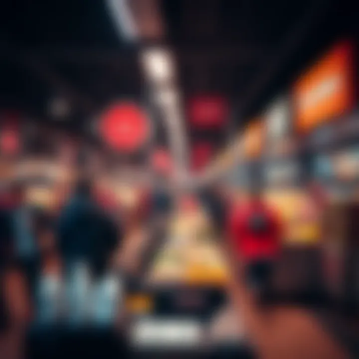 A busy food pickup area with generic branding and logos overshadowing personal customer interactions.