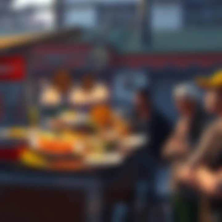 A food vendor with a variety of dishes, including fruits, vegetables, and cooked meals, set up in a game environment. Players look on, confused about missing stat boosts.