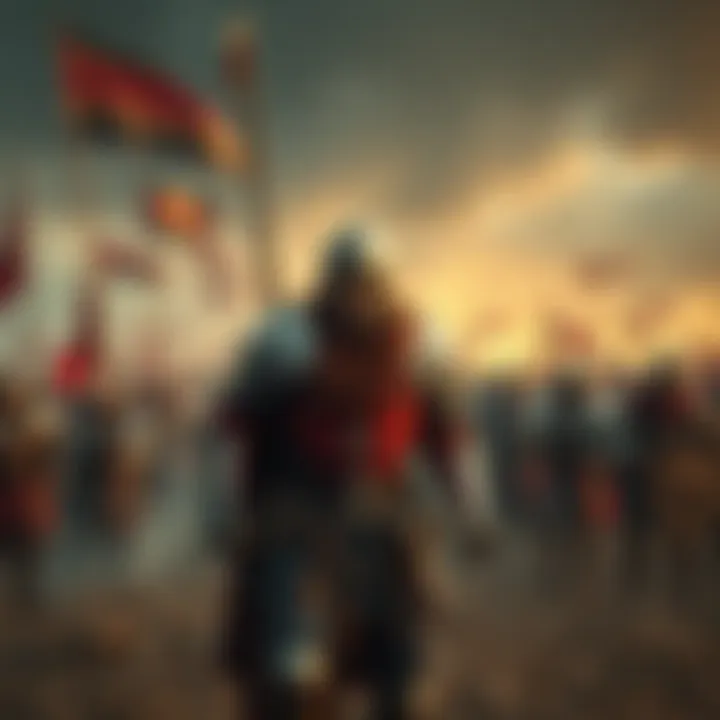 A foot soldier in medieval armor stands ready for battle in a chaotic battlefield, surrounded by other soldiers and banners flying.