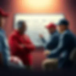 Football coaches discussing strategy Two football coaches gather to discuss strategies for the off-season with a whiteboard showing potential player targets and tactics.