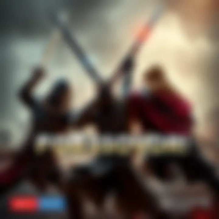 Characters from For Honor and Assassin's Creed engage in a fierce battle with swords raised, showcasing their unique styles and weapons.