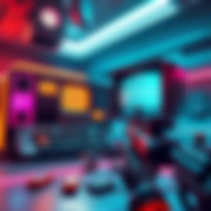 Concept art showing a giant keyboard and CRT monitor in a futuristic setting, players preparing to steal retro relics from the 80s.