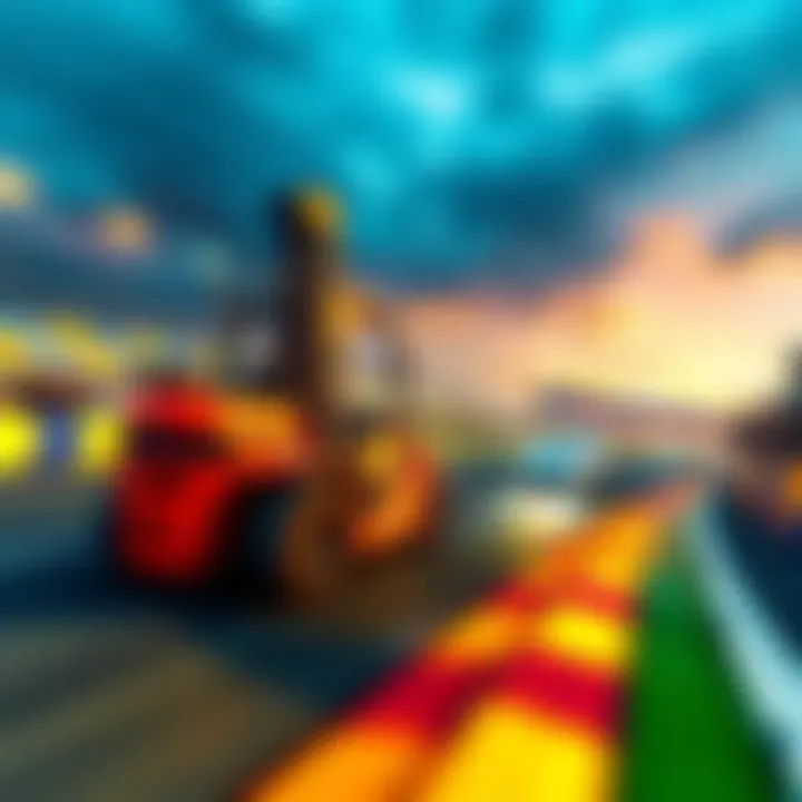 A forklift and a racing car compete on a colorful race track with spectators cheering