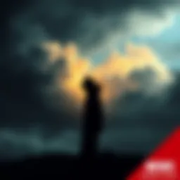 A figure in a dark landscape looking up at a cloudy sky, expressing feelings of abandonment, representing the phrase 'The Gods Of Pandora have abandoned me.'