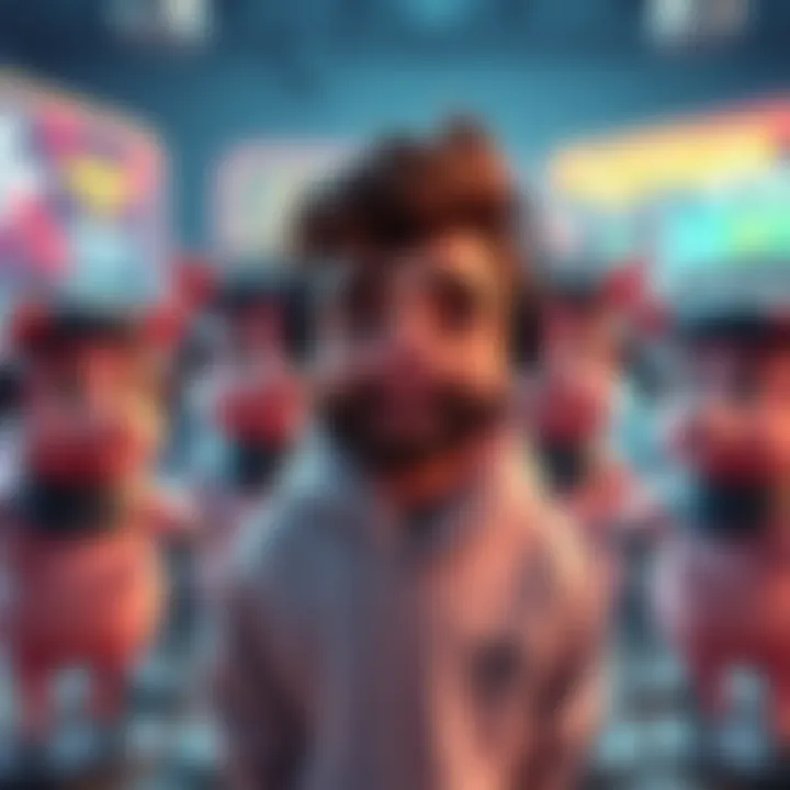 Forsen stands with a team of four animated pig characters, all wearing gaming headsets, in a colorful gaming environment