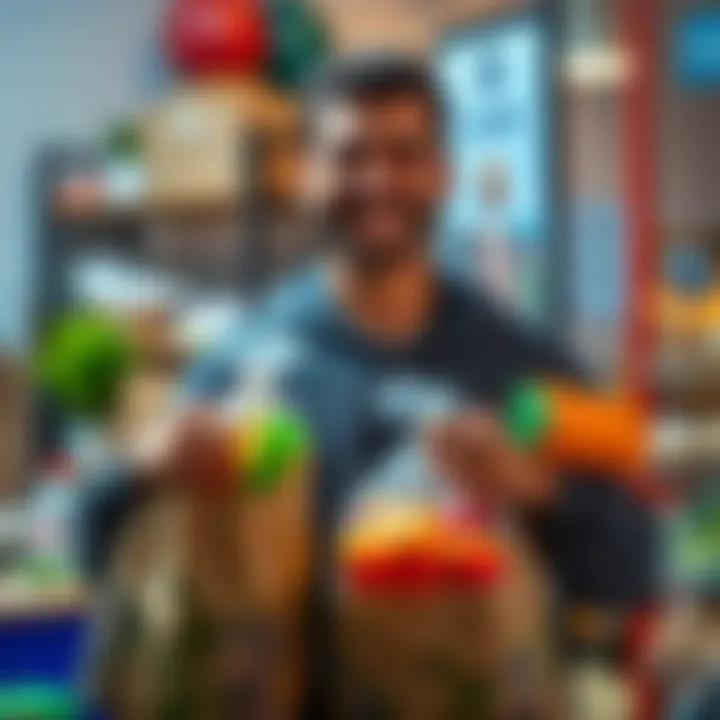 Forsen smiling while holding bags of groceries received from a community donation