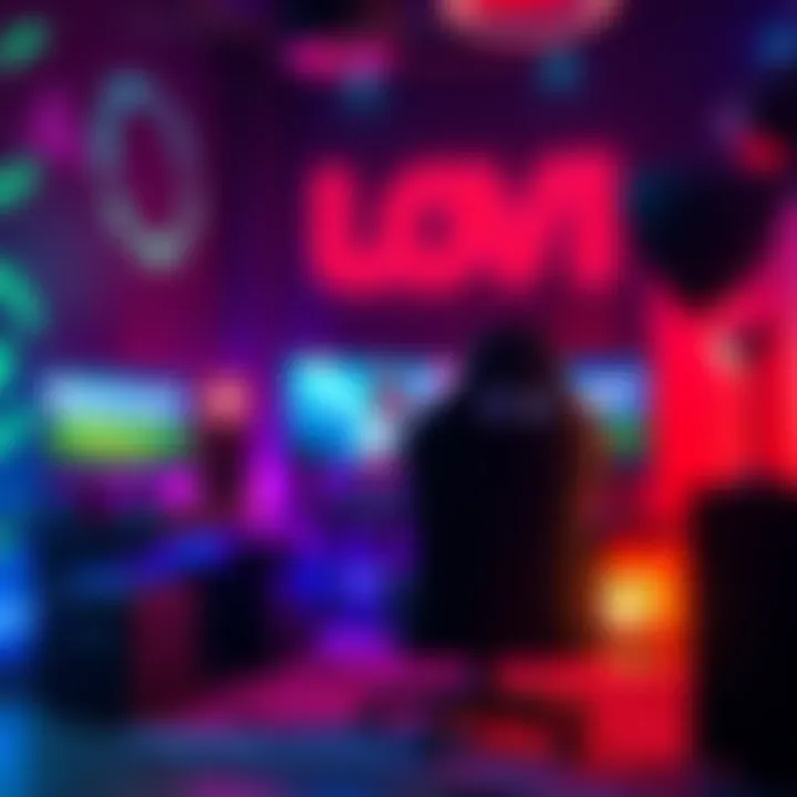 ForsenLevel Streaming Setup A streaming setup featuring a gaming chair, computer monitors displaying ForsenLevel's content, and colorful LED lights creating a lively atmosphere.