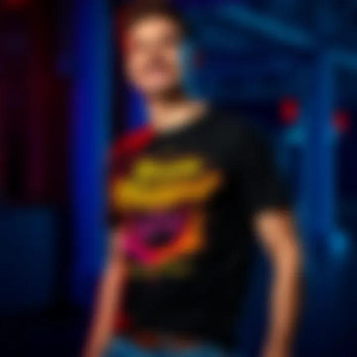 A colorful forsenNugget T-shirt featuring a unique graphic on a person wearing it while smiling and posing.