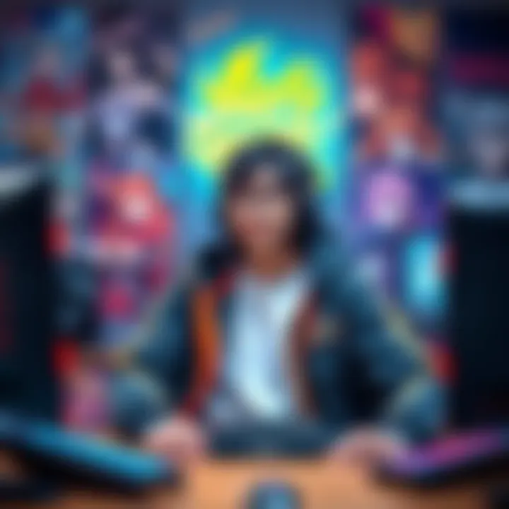 Forsen's new support teammate, dressed in anime-inspired clothing, enjoys gaming with vibrant character posters in the background.