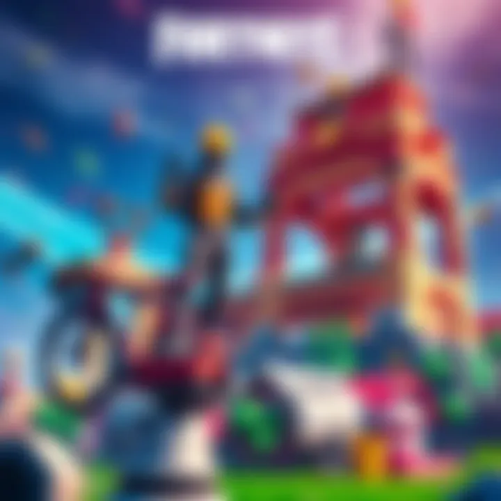 Fortnite player building structures A Fortnite player rapidly constructs various structures during a match, showcasing the building mechanics and strategic gameplay, with colorful in-game elements around.