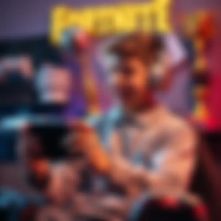 A 16-year-old boy holding a mobile device, looking excited while playing Fortnite, with a backdrop of gaming elements like controllers and trophies.