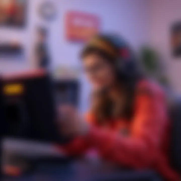 A 28-year-old female gamer playing Fortnite on a console, looking for a relaxed gaming partner. She is in a casual setting with a headset on, smiling as she engages in gameplay. 