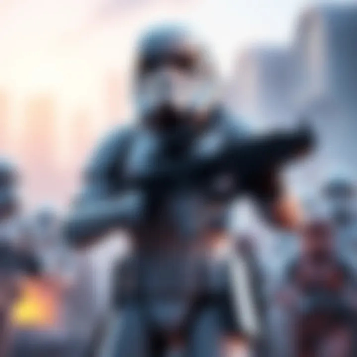 A First Order StormTrooper character from Fortnite stands ready for battle, wearing iconic black and white armor with a blaster in hand.