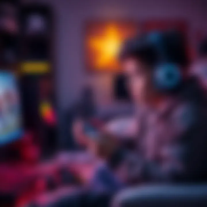 A young gamer focused on playing Fortnite with a controller in hand, surrounded by gaming gear in a dimly lit room