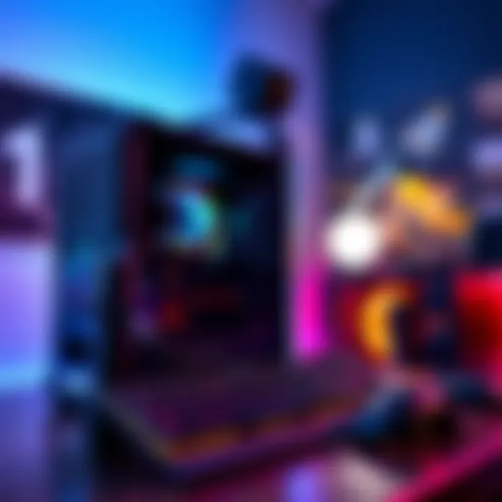 A high-performance gaming PC with RGB lighting, a mechanical keyboard, and a gaming mouse, set up for Fortnite gameplay.