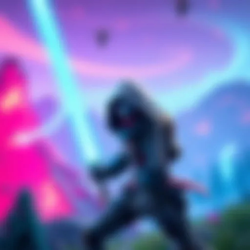 A Fortnite character holding a lightsaber styled as a pickaxe, ready to mine resources in a colorful game environment.