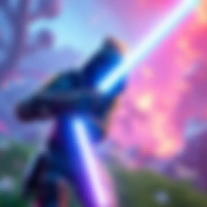 A Fortnite character holding a glowing lightsaber, ready for battle, set in a colorful gaming environment