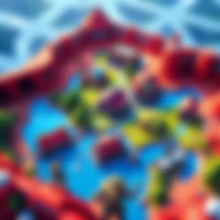 A colorful Fortnite map design interface showing various terrain, buildings, and characters that users can create and customize.