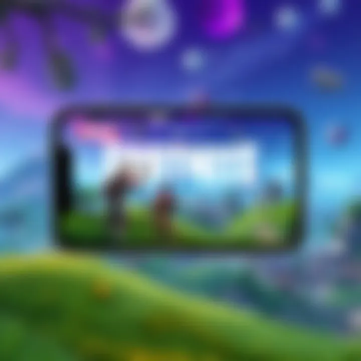A screenshot of Fortnite displaying ultra wide resolution on a mobile device, showing a vibrant game scene with characters and landscapes