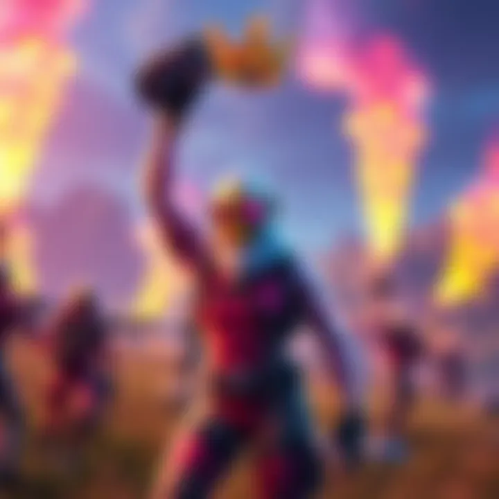 A Fortnite character celebrating a victory with a crown in the background while standing on a battlefield