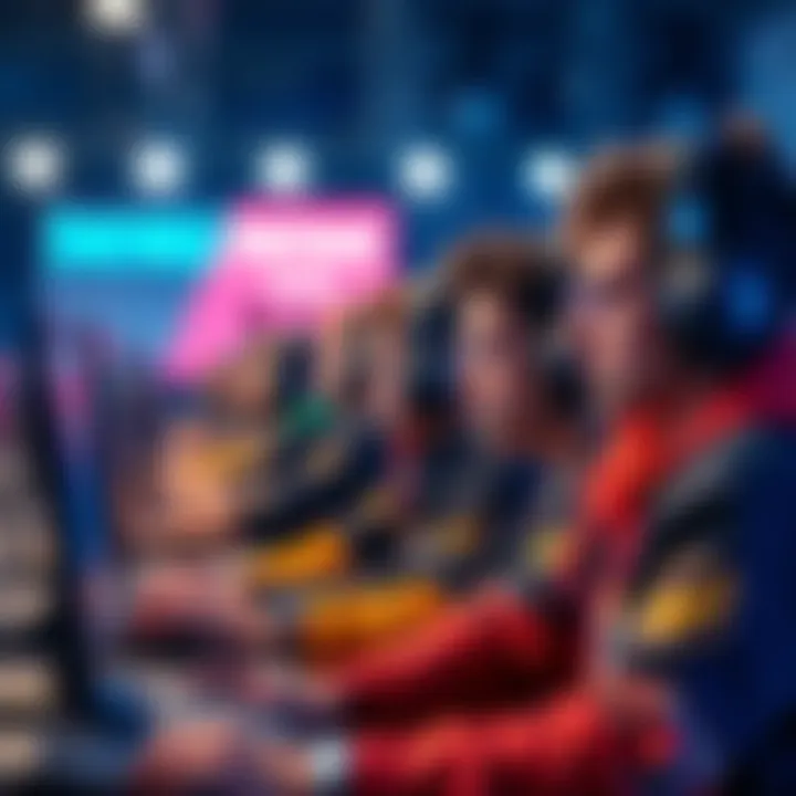 A group of Fortnite players focused on their screens during a tournament, showcasing intense competition and skill
