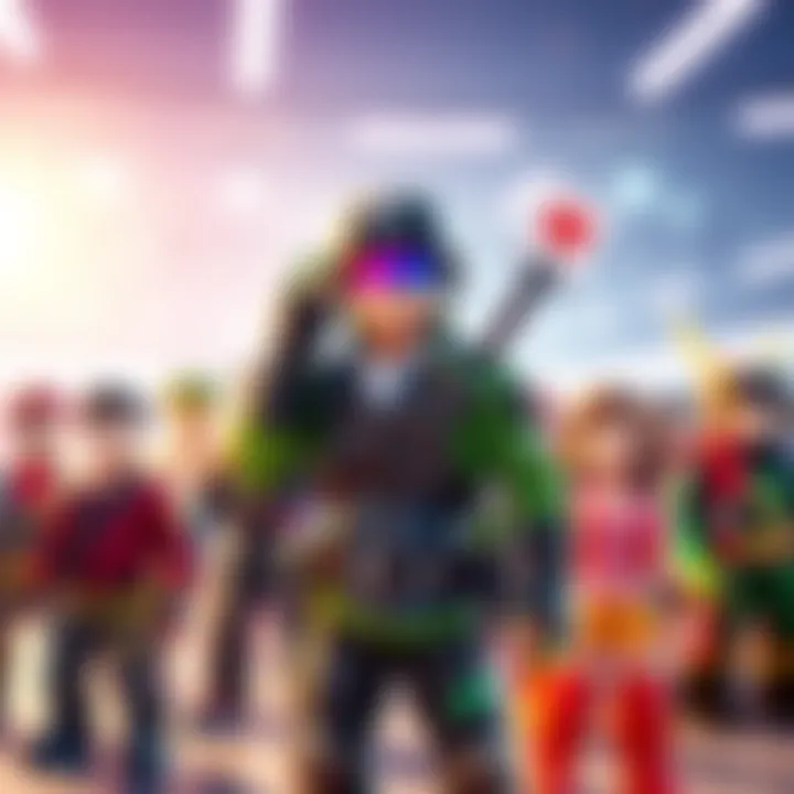 A blend of Fortnite characters wearing various colorful skins alongside Roblox avatars in a virtual setting.