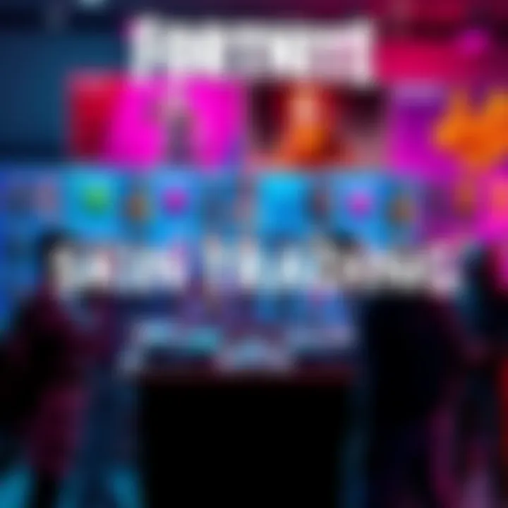 Fortnite skin trading concept Colorful Fortnite skins displayed with players exchanging them in the background