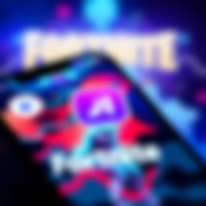 A close-up of a smartphone displaying the Fortnite app icon on the screen with colorful graphics in the background.