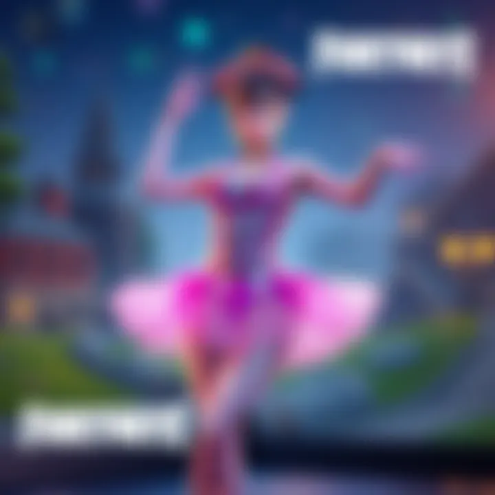 A digital avatar of the Ballerina Cappuccina skin in Fortnite, showcasing a ballerina outfit with vibrant colors and exaggerated features, set against a gaming backdrop