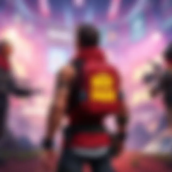 A character in Fortnite showcasing the Beef Pack back bling, set in a colorful battle arena with players discussing its availability.