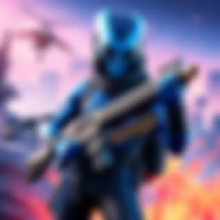 A Fortnite character wearing a blue alien skin, holding a legendary weapon with a battle-ready stance in a colorful game environment.
