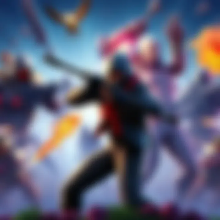 Fortnite character battles An intense scene showing various Fortnite characters in action, demonstrating their skills in combat.