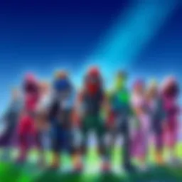 A group of Fortnite characters from various franchises standing together, showcasing vibrant outfits and styles, emphasizing the game's focus on character collaborations over its lore.
