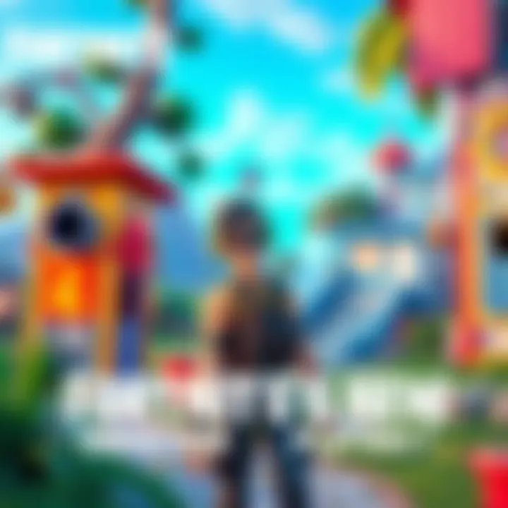 A colorful Fortnite character in a playful environment, aimed at younger players with cartoonish elements and fun designs.