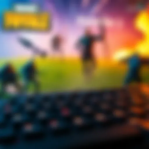A graphic showing a gaming keyboard with highlighted keys to represent macros, set against a blurred background of a Fortnite battle scene