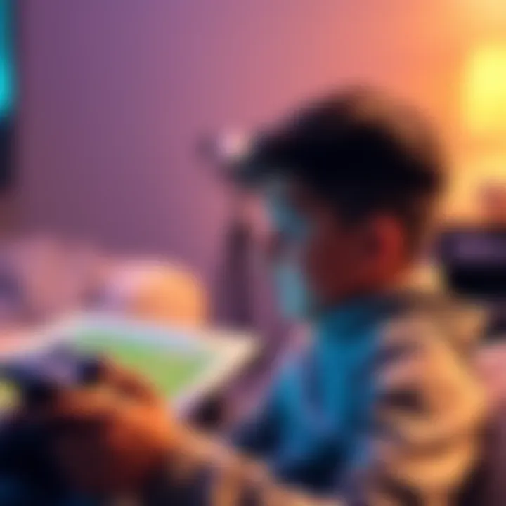 A young boy playing Fortnite on a cellular Android tablet, focused on the screen with a game controller in hand.