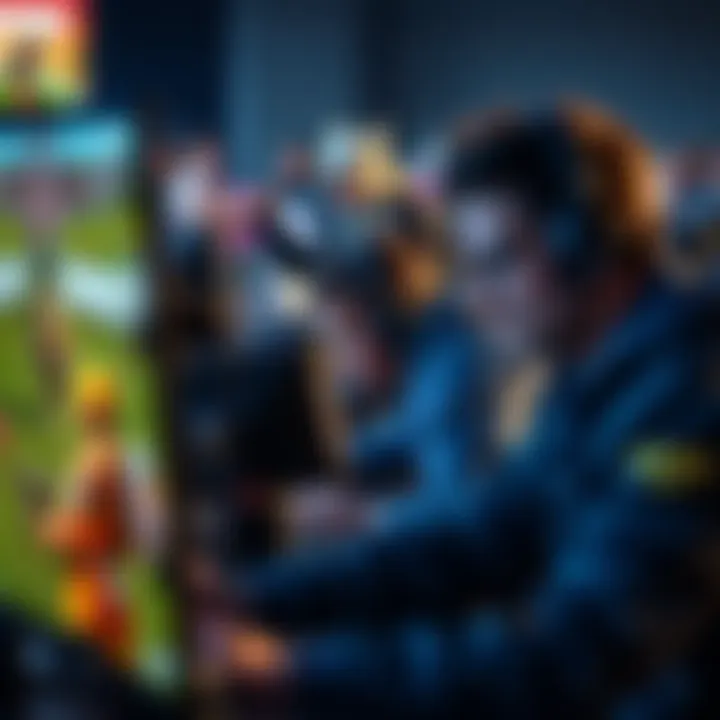 Fortnite players competing in a game A group of Fortnite players intensely focused on their screens during a competitive match, showcasing various characters and intense gameplay action.