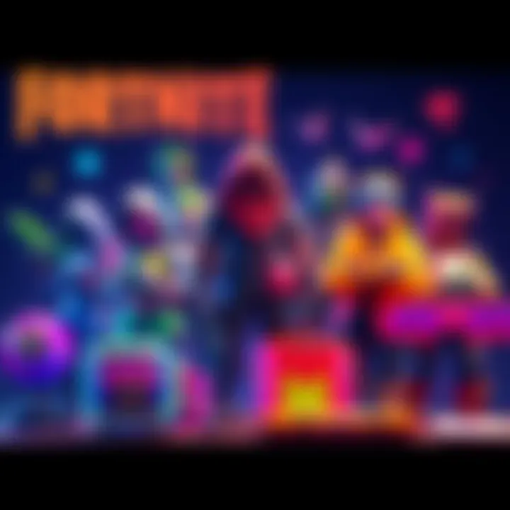 A colorful display of Fortnite character skins and customizable items, showcasing different emotes and nostalgic items from the game.